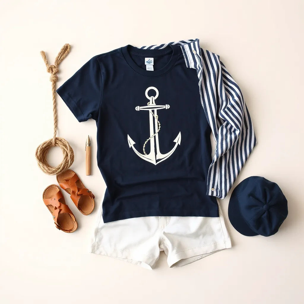 Navy nautical graphic tee laid out with shorts, striped shirt, sandals, and subtle rope accents