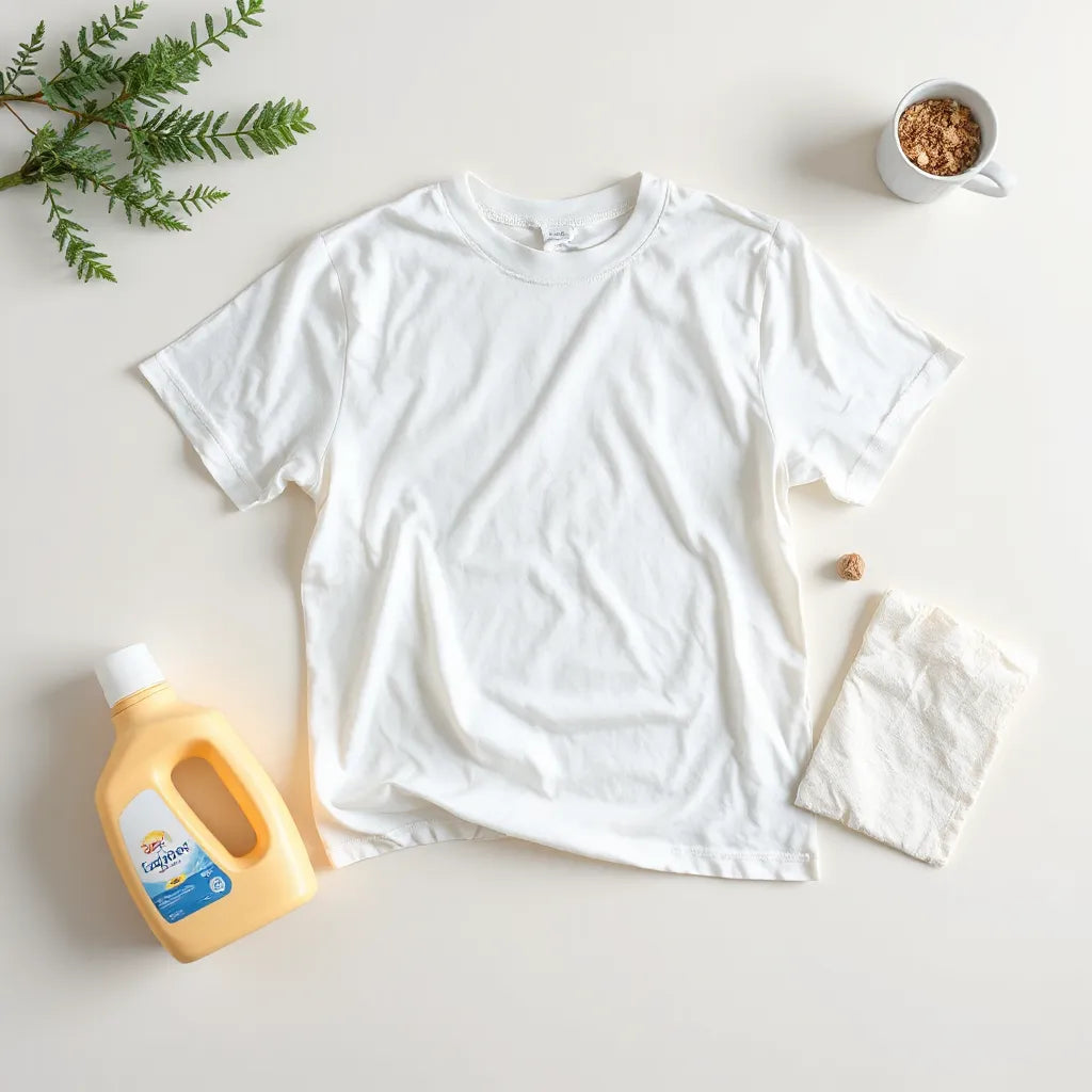 Cotton graphic t-shirt with a clear chest print laid on a light background, with minimal care items nearby