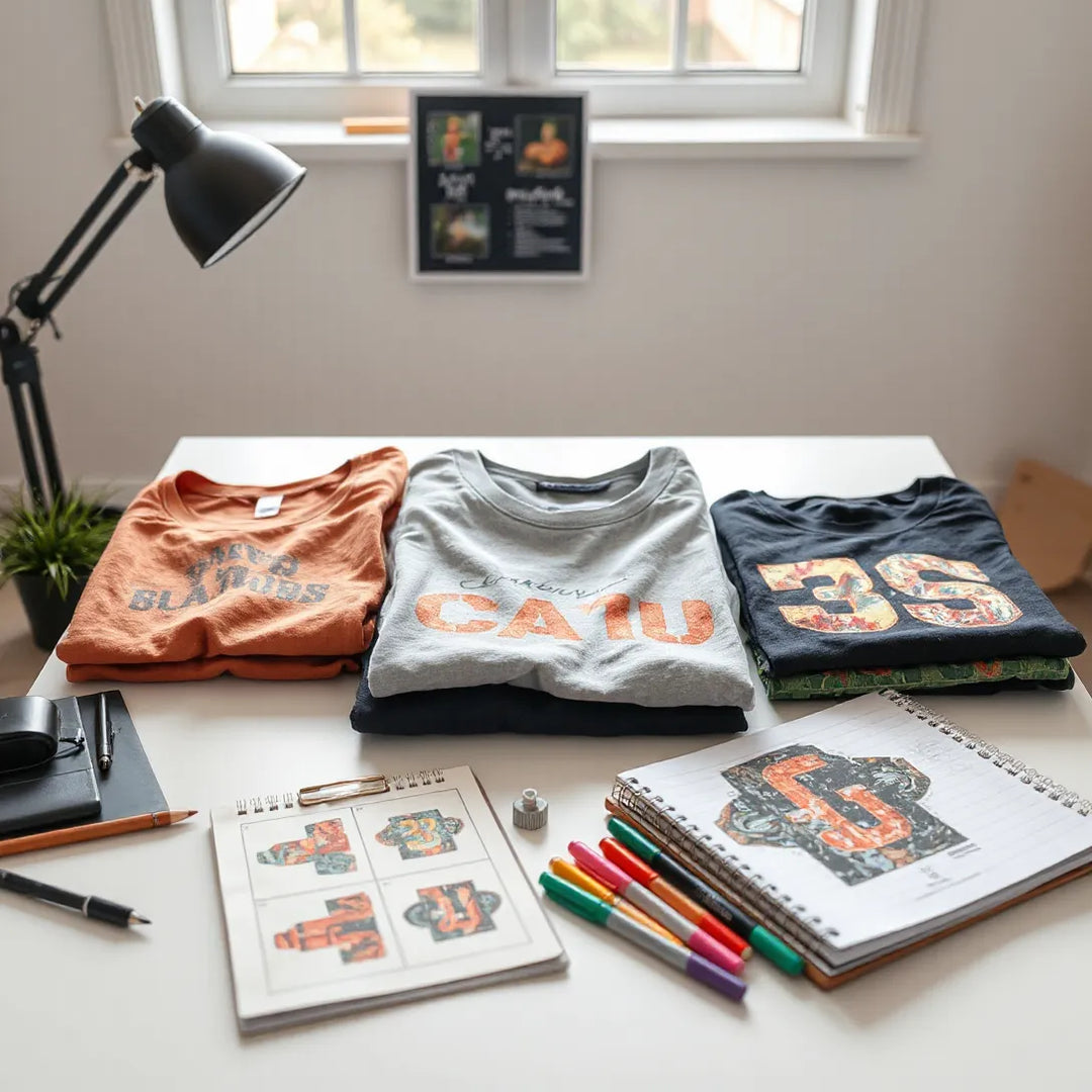 Folded graphic t-shirts and a designer sketchpad on a clean studio worktable with colorful print layouts