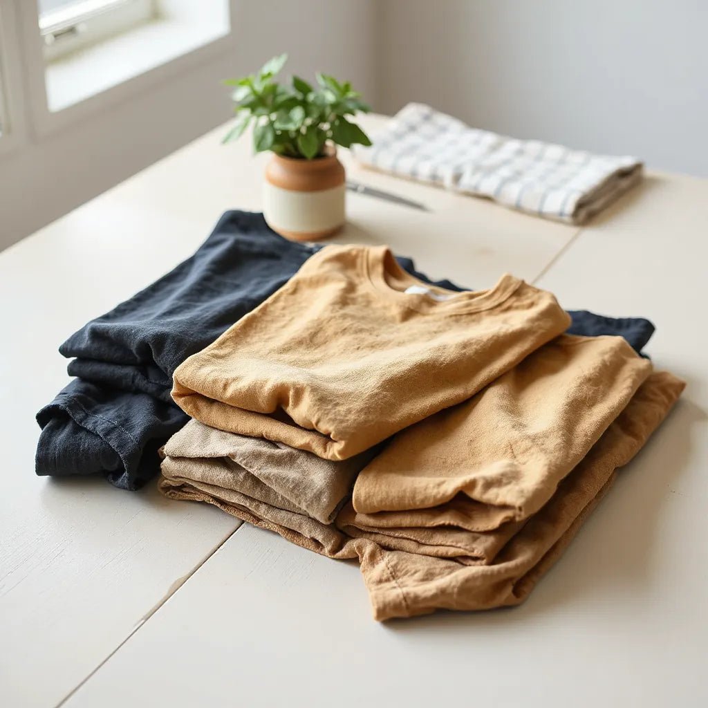 Folded garment-dyed t-shirts in muted tones on a light wooden surface with soft natural lighting