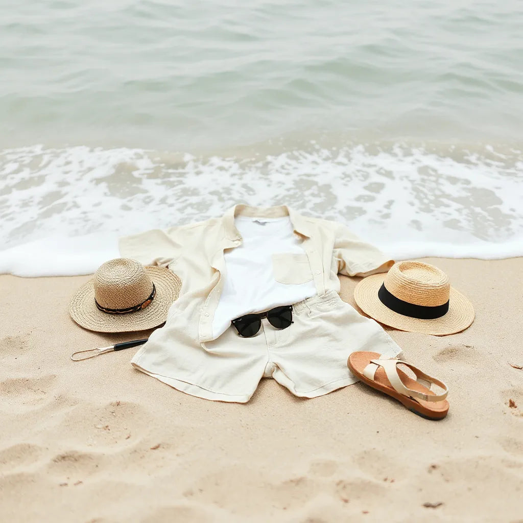 Light summer beach outfit laid on sand near the shoreline with shirt, shorts, hat, and sandals