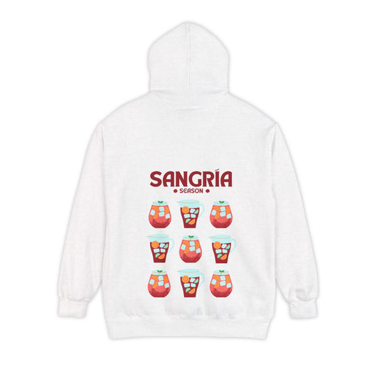 White hoodie with nine sangria drinks on the back