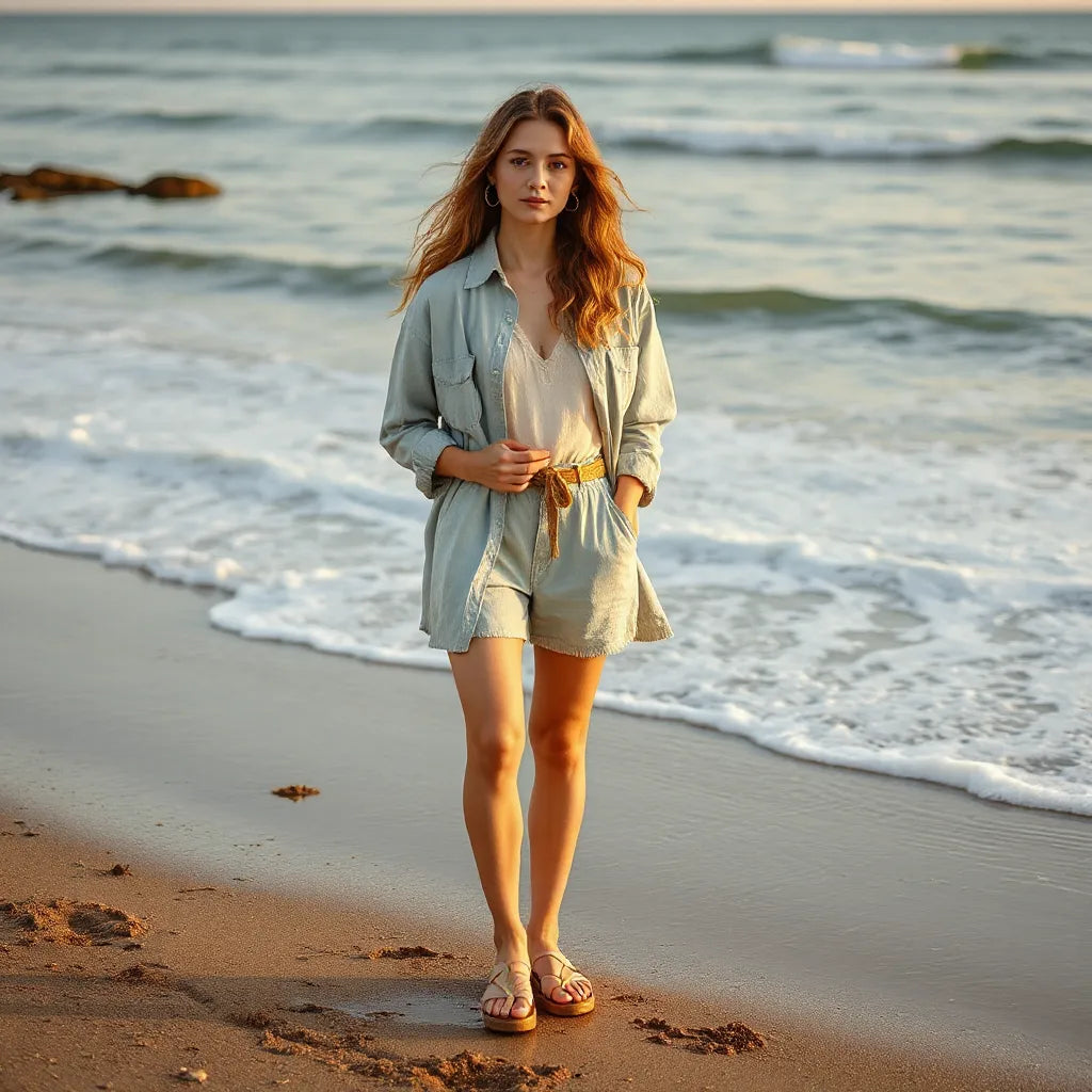 Model in tide-inspired coastal outfit standing on wet sand with soft ocean waves behind