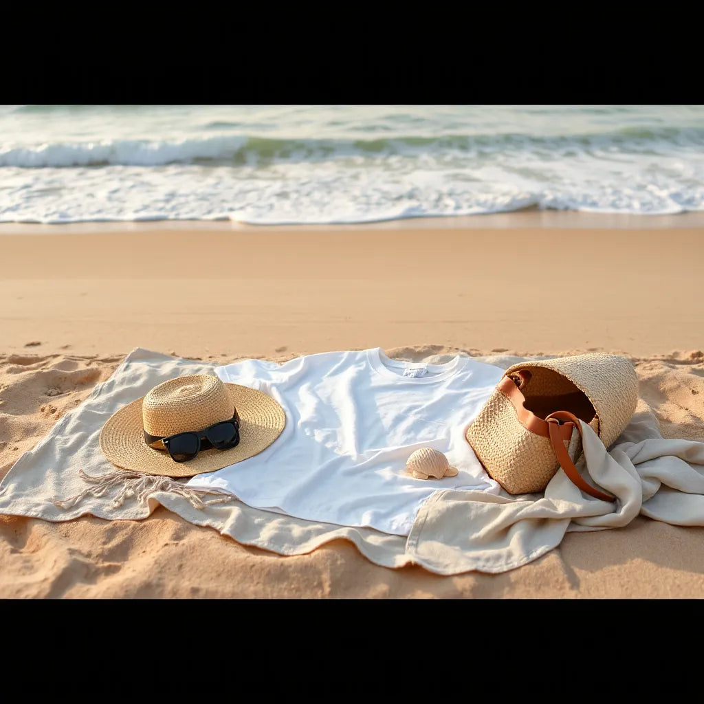 Casual summer outfit and accessories arranged on a beach towel near the ocean