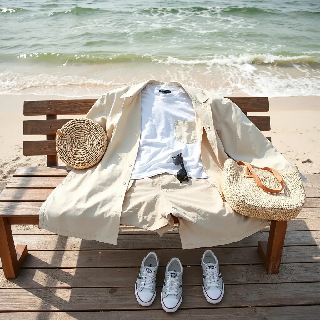 Beach-ready clothing laid out on a bench with ocean view background and casual accessories