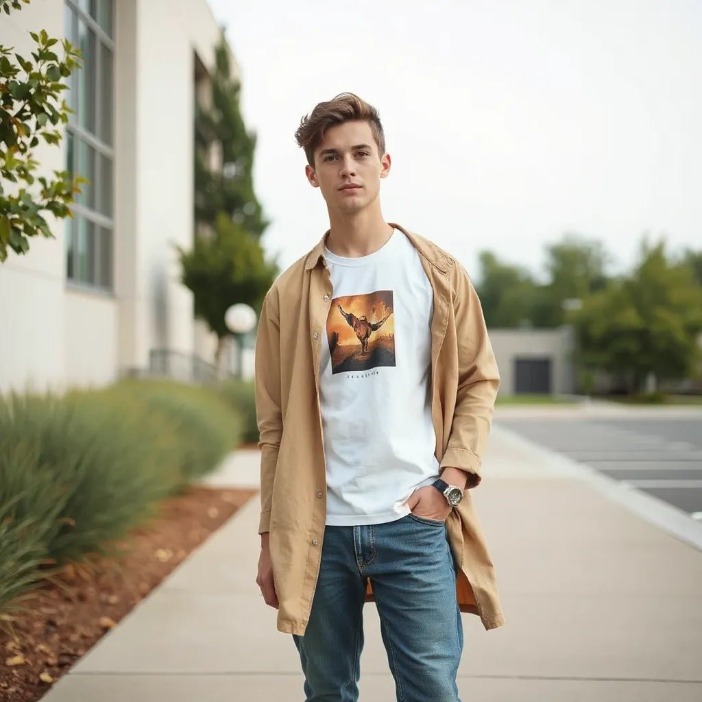 Person wearing a graphic tee styled with jeans and an overshirt in natural daylight outdoors