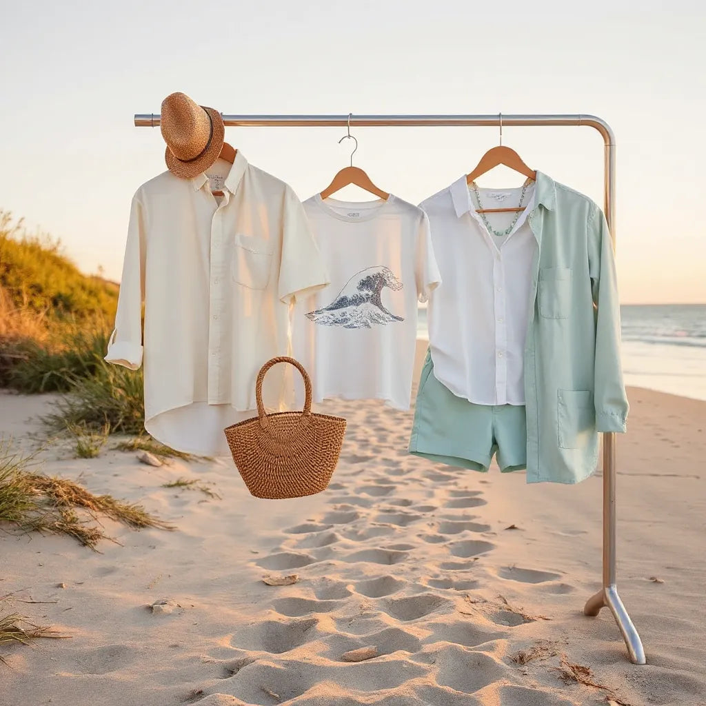 Beach-inspired clothing laid out with linen shirt, relaxed tee, shorts, and accessories on sand-toned fabric
