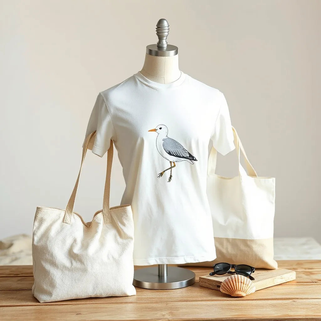 Shorebird graphic t-shirt styled near beach accessories on a sandy-toned studio setup