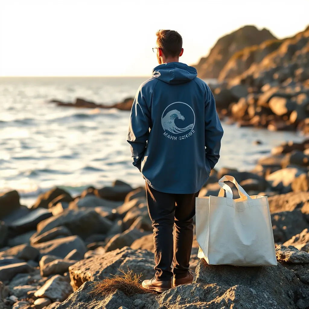 Person wearing ocean-inspired marine conservation apparel on a rocky shoreline with calm sea in the background