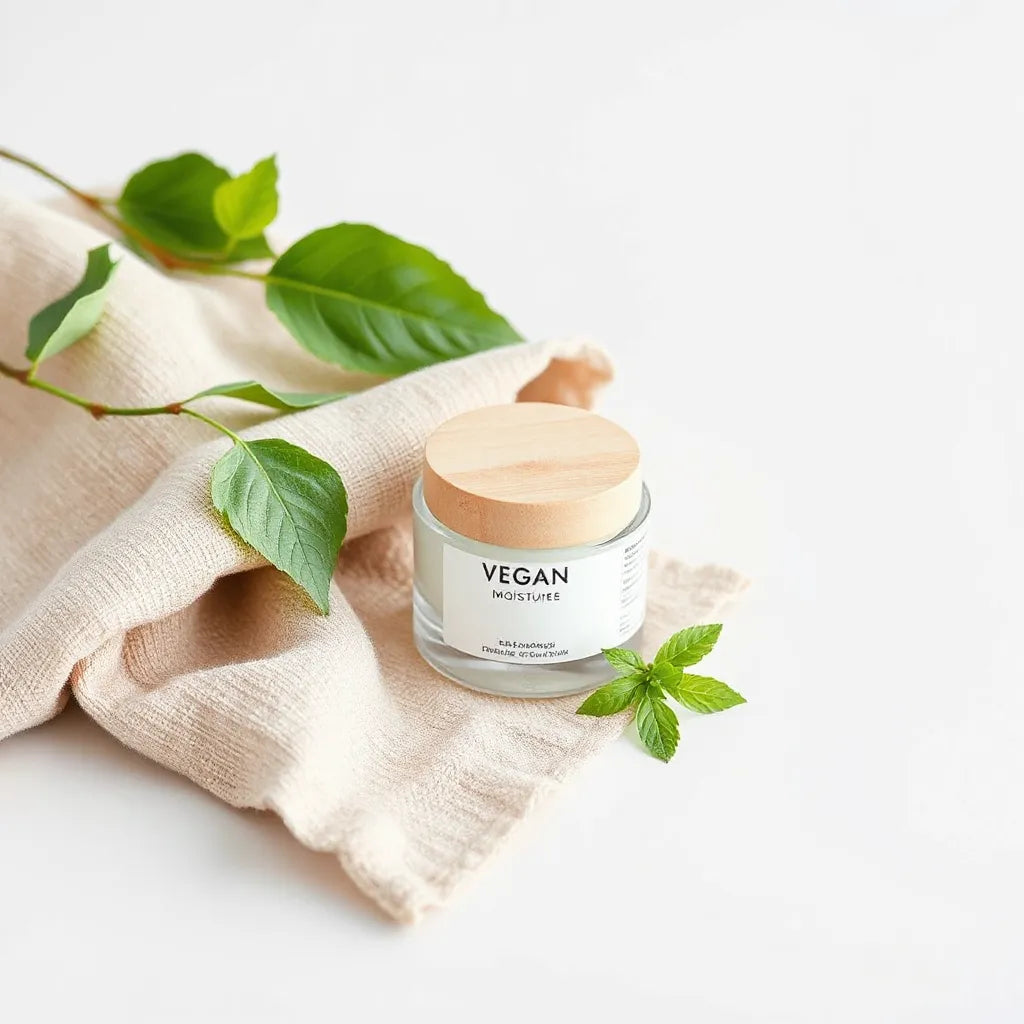 Glass jar of vegan face moisturizer with soft natural leaves on a clean, minimal background