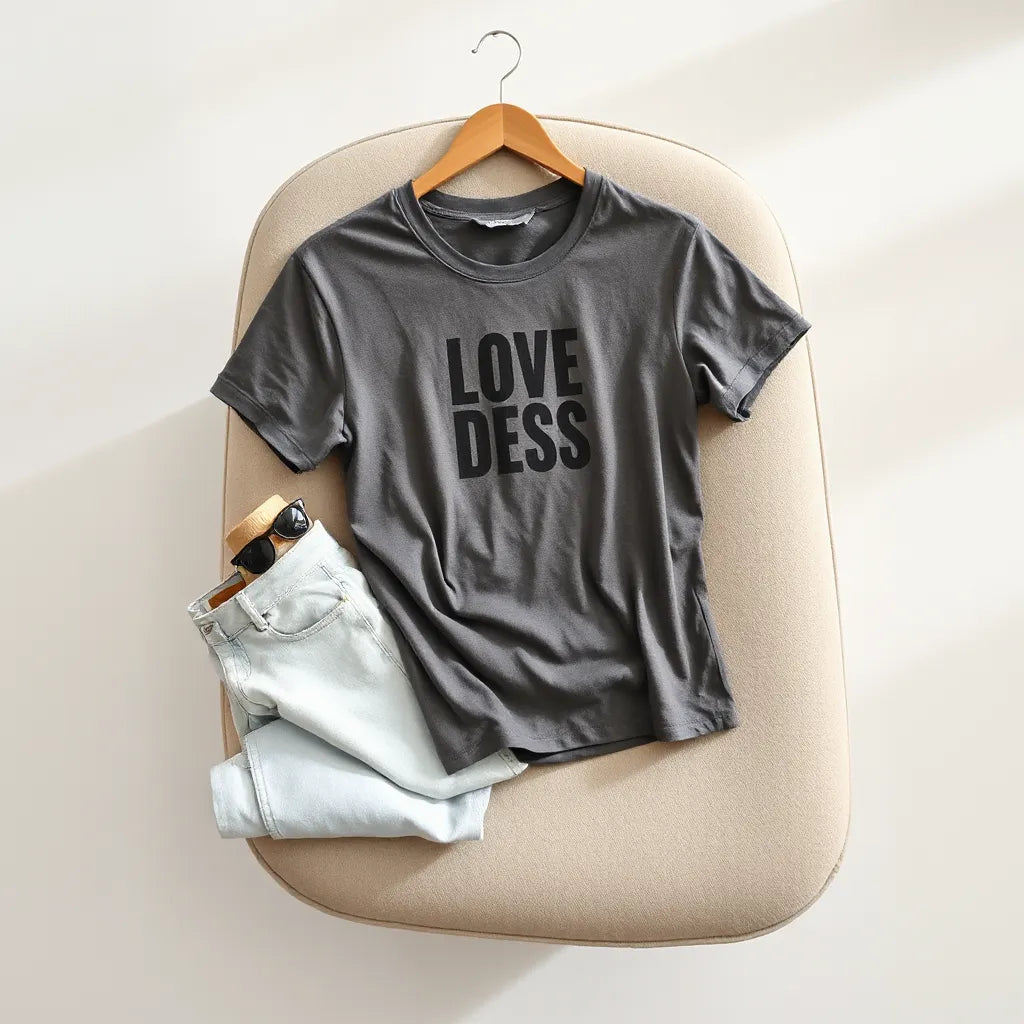 Relaxed fit graphic tee with jeans and sneakers in a clean, neutral styled setup