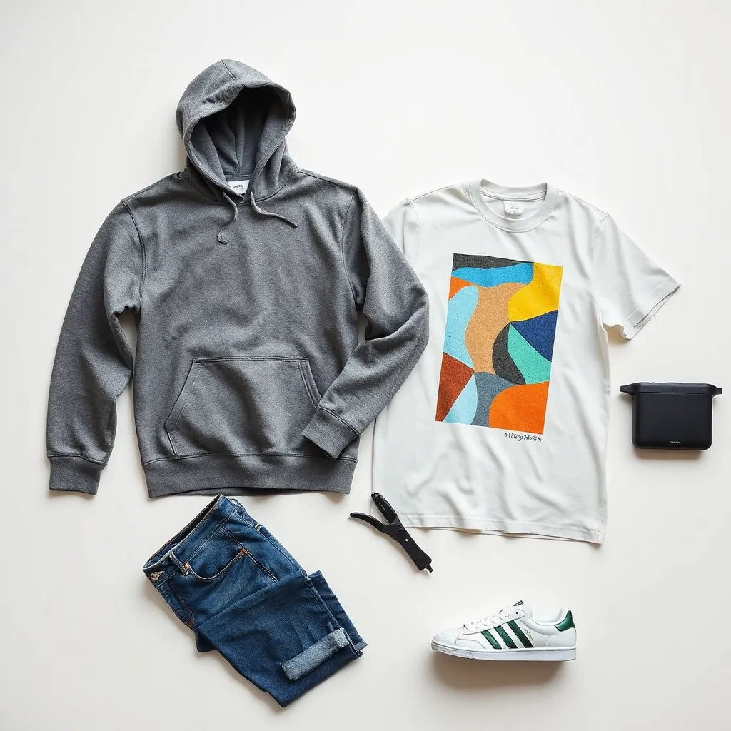 Custom graphic t-shirt and hoodie styled together on a clean light background with accessories nearby