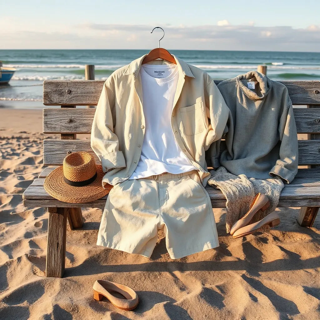 Beachside bench styling with breathable coastal clothing in light linen and cotton neutrals