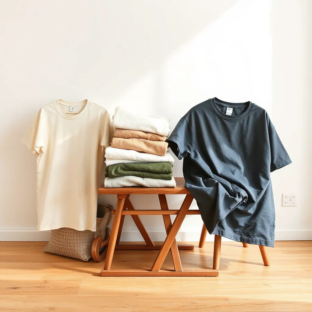 Folded garment-dyed t-shirts in muted colors on a wooden surface with soft natural light