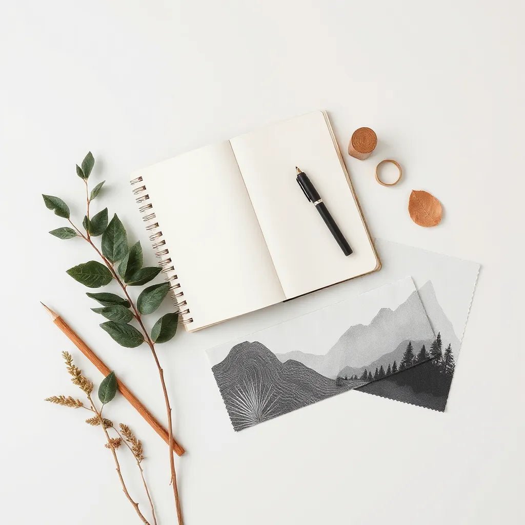 Nature motif sketches and fabric swatches with leaves, waves, and botanical patterns on a light neutral background