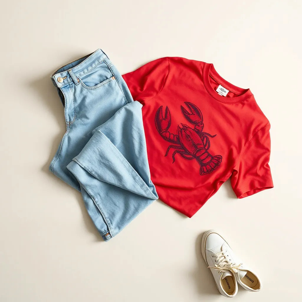 Red lobster graphic T-shirt styled with denim and white sneakers on a neutral background