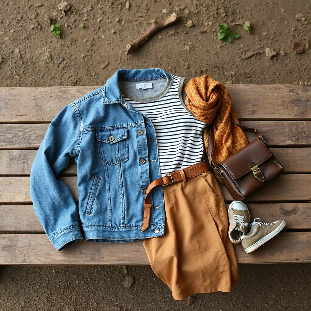 Neatly styled vintage inspired clothing outfit with denim jacket, knit top, trousers, and accessories outdoors