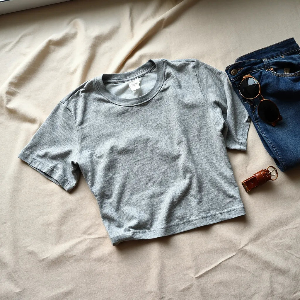 Vintage wash t-shirt folded on a neutral surface with subtle worn texture and minimal styling accessories