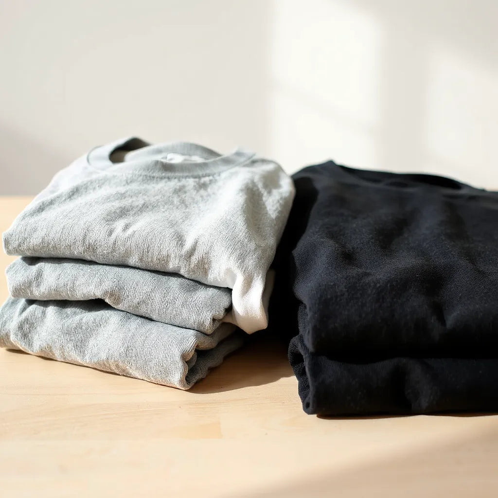 Folded crew-neck t-shirts showing soft fabric texture on a clean tabletop