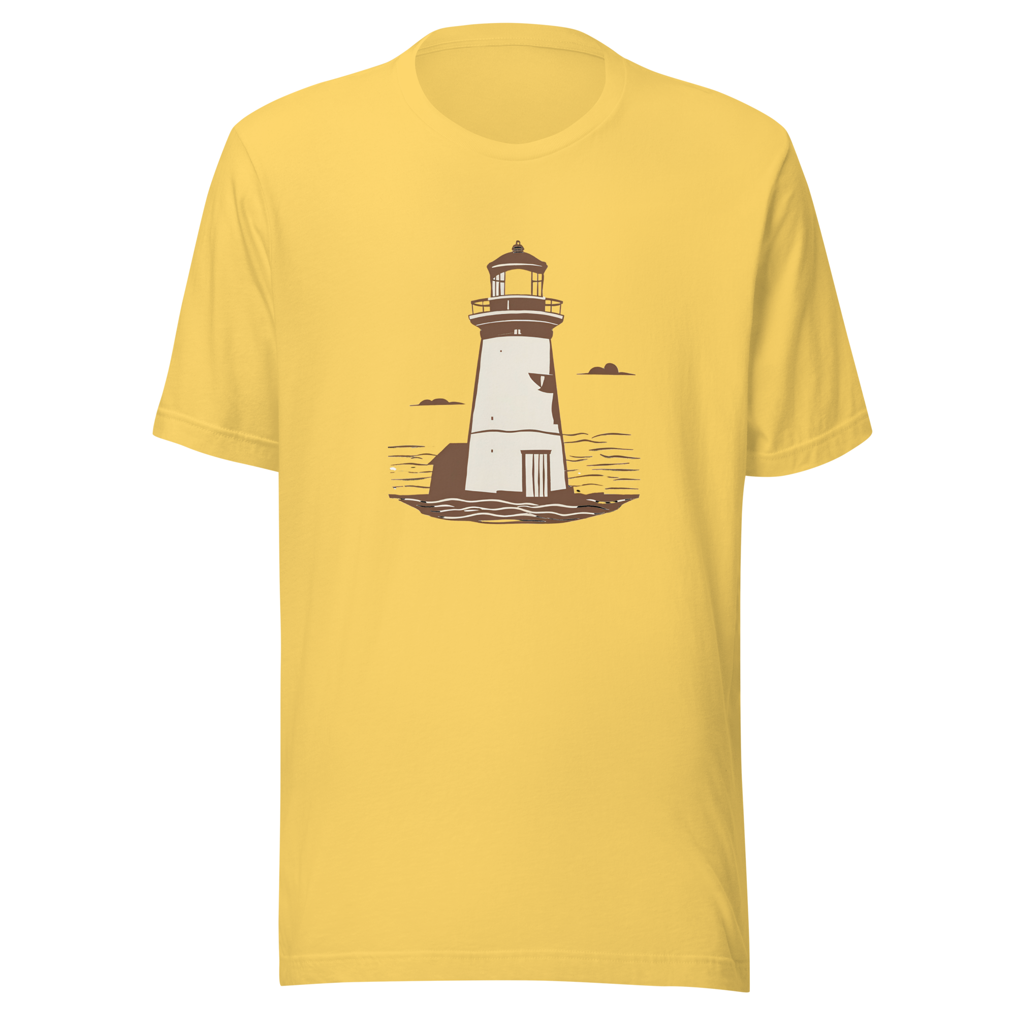 soft yellow Bella + Canvas t-shirt with a vintage looking lighthouse graphic on the front.