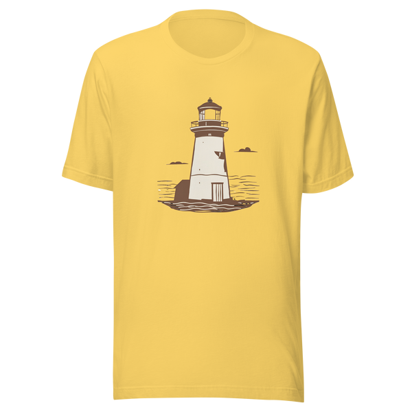 soft yellow Bella + Canvas t-shirt with a vintage looking lighthouse graphic on the front.