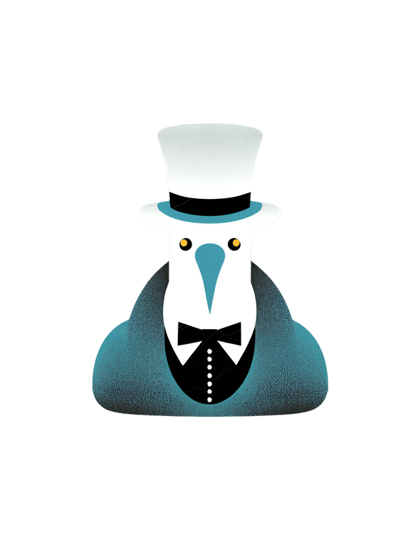 booby bird wearing a tuxedo and top hat