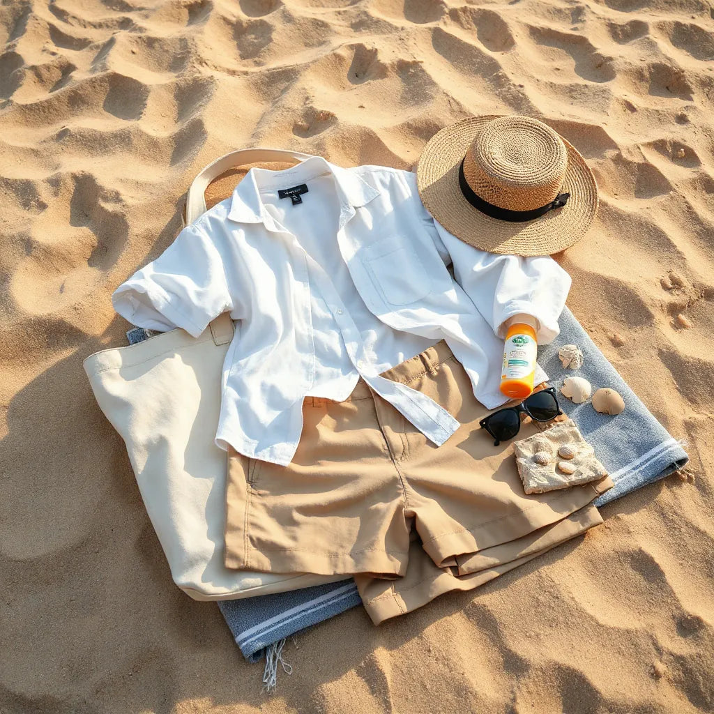 Breathable beachwear essentials laid on a towel beside a hat and sunglasses on sand