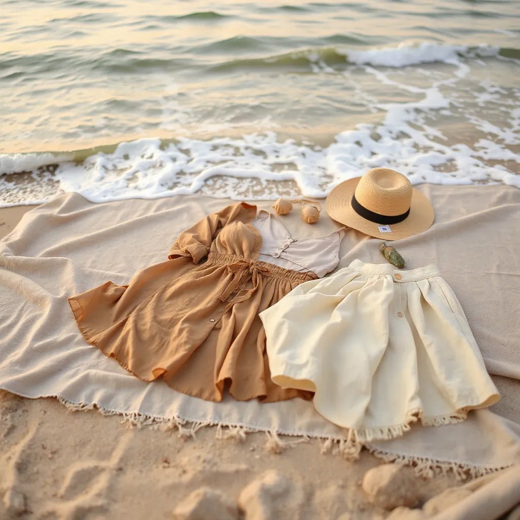 Swimsuit, cover-up, maxi skirt, hat, and sandals arranged on a beach blanket near the ocean