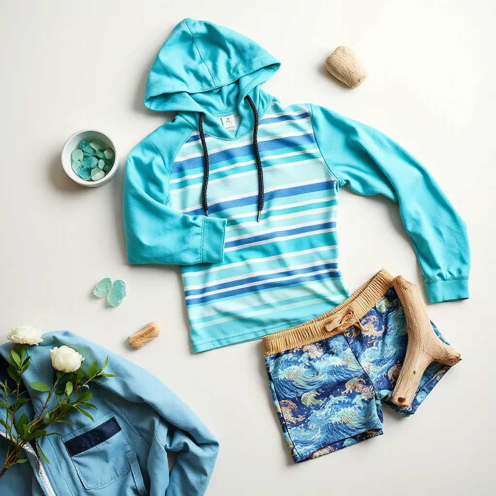 Folded ocean-blue and seafoam clothing with wave patterns and accessories on a neutral background