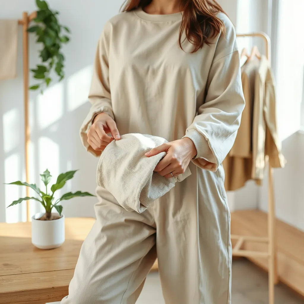 Person holding a neatly folded garment in muted earth tones on a sunlit wooden table