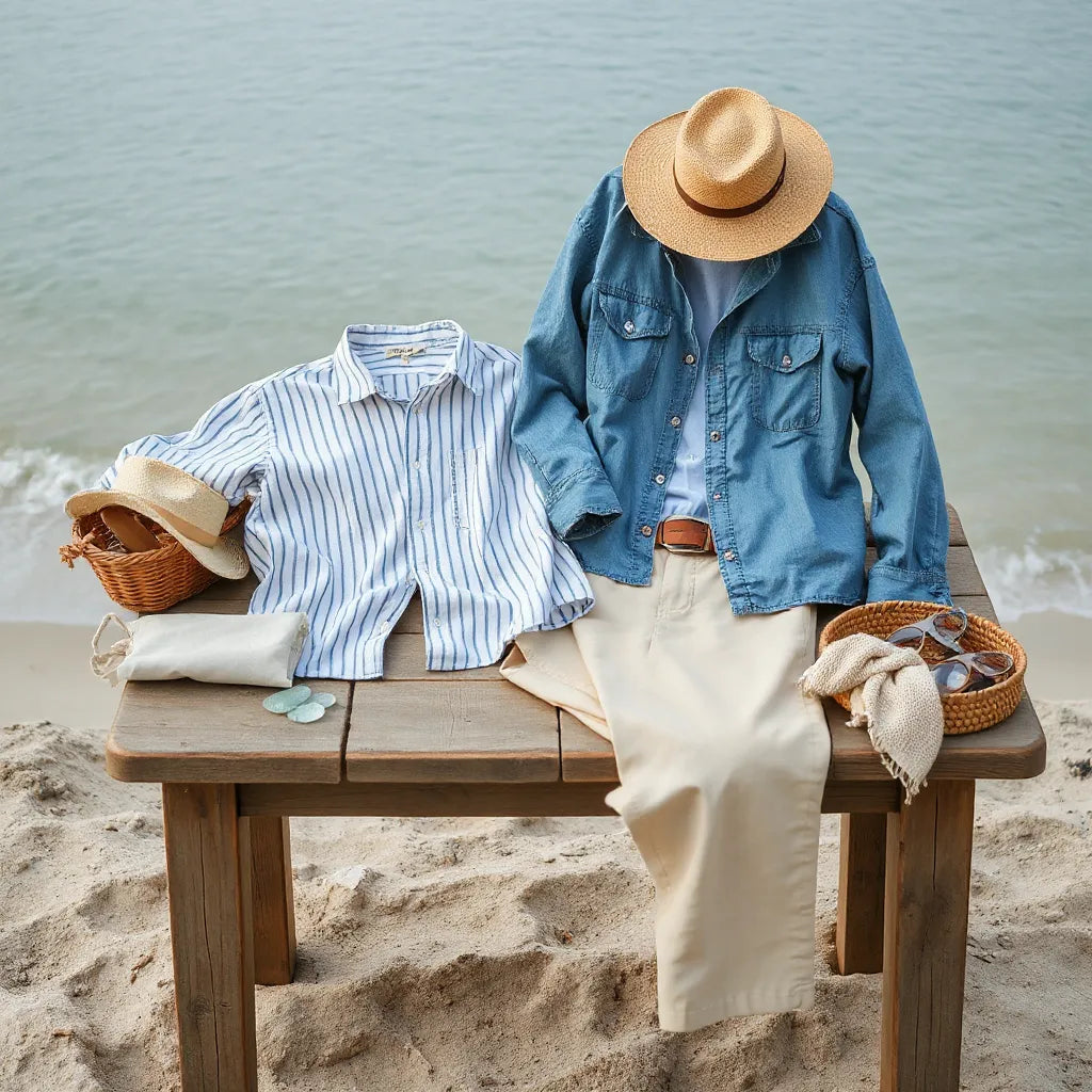 Vintage coastal outfits laid out with striped linen, denim layers, and natural sea-glass accents