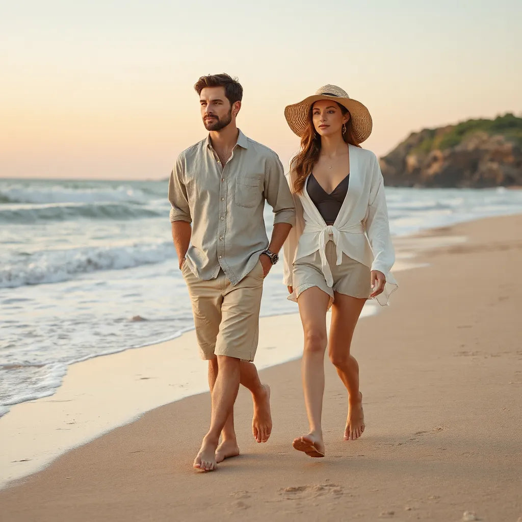 Adult beachwear styling with swimsuits and linen cover-up on a shoreline at golden hour