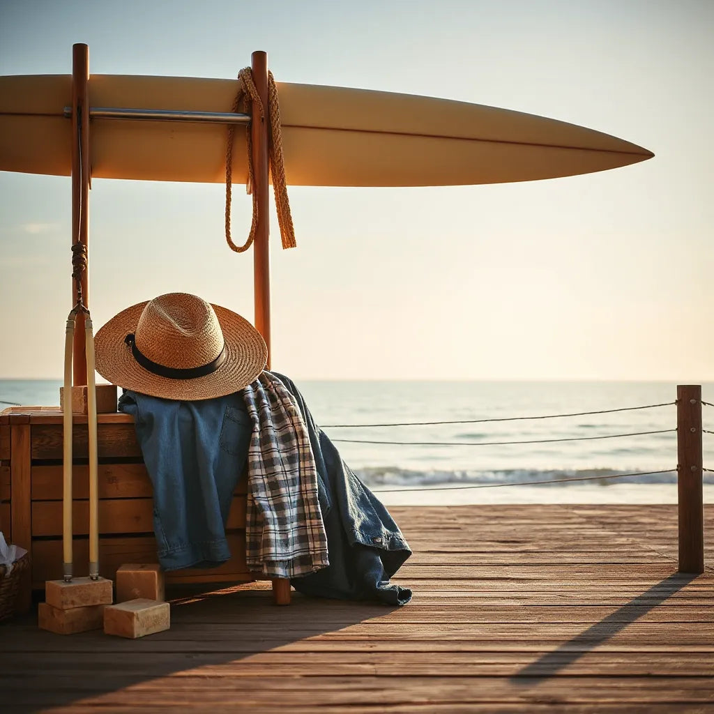 Sunlit vintage surfboard rack with a striped shirt, hat, and ocean horizon in the background