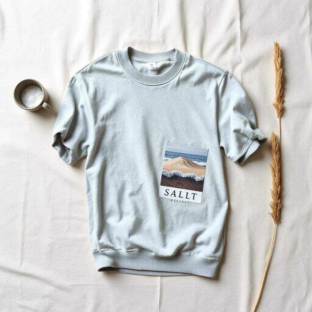Folded coastal t-shirts with subtle sea-salt inspired root graphics on a neutral flat lay
