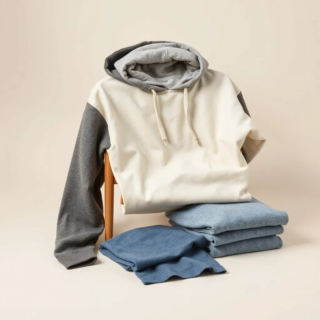 Folded cotton t-shirts and hoodies in neutral tones with visible soft fabric texture on a minimal background