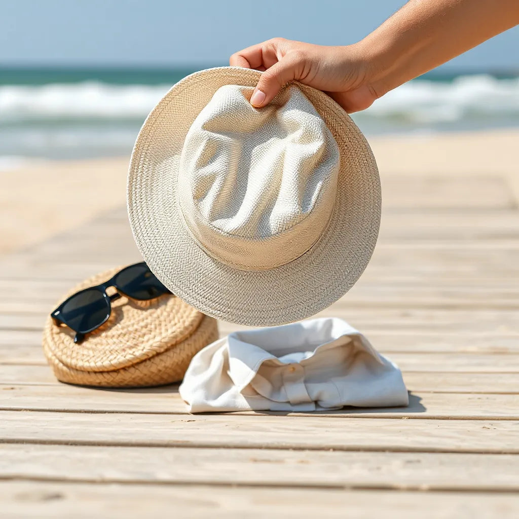 Sunlit bucket hat with baseball-style detailing on a beach accessories setup near the ocean