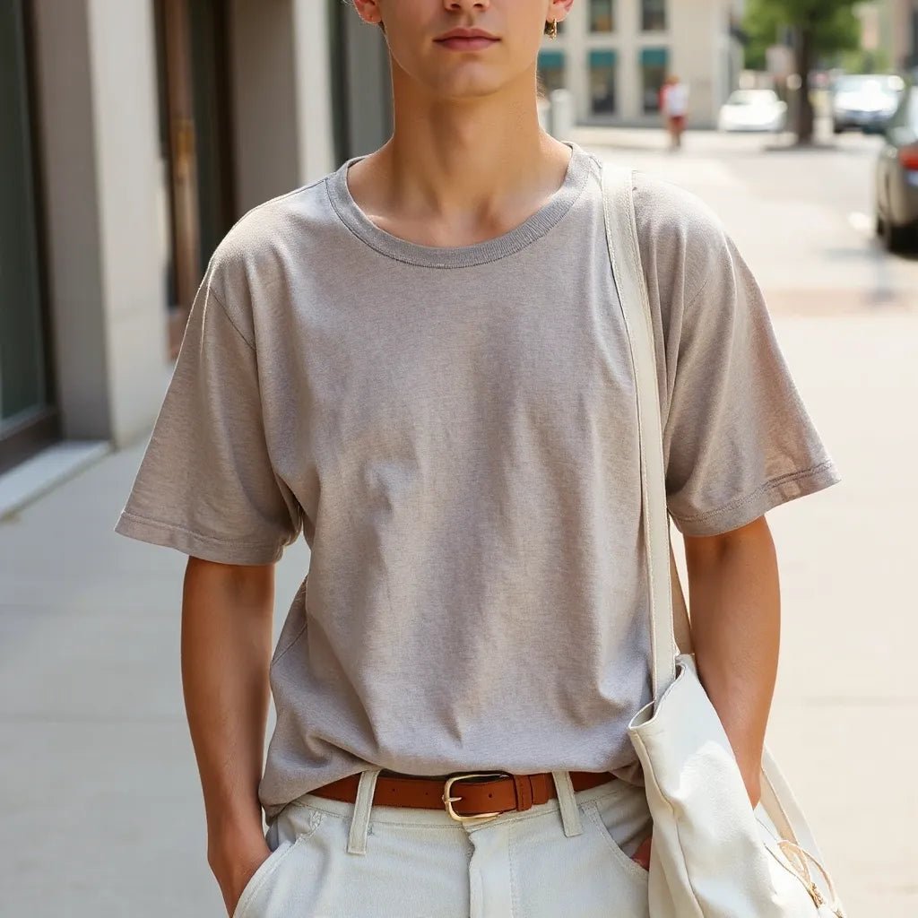 Person wearing a relaxed, breathable summer tee with casual accessories in natural daylight