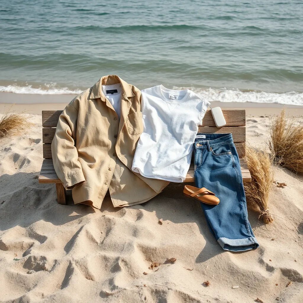 Lightweight coastal outfits in ocean and sand tones laid out near a calm beach shoreline