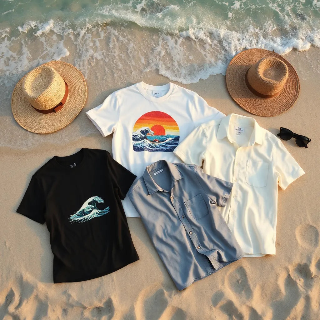 Beachside flat lay of summer graphic shirts on sand with a straw hat and sunglasses