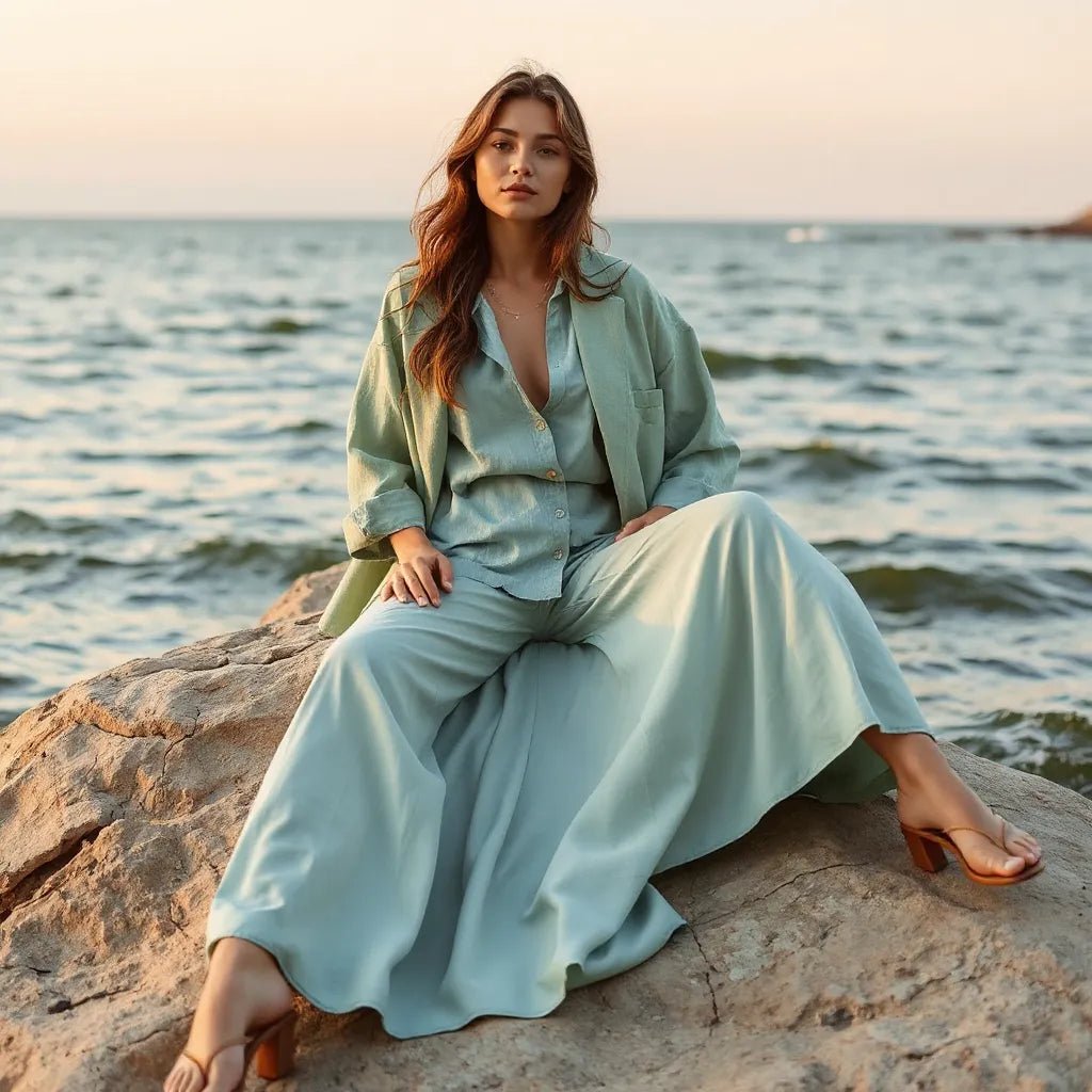 Tide-inspired clothing in ocean-blue and seafoam tones styled beside a calm shoreline