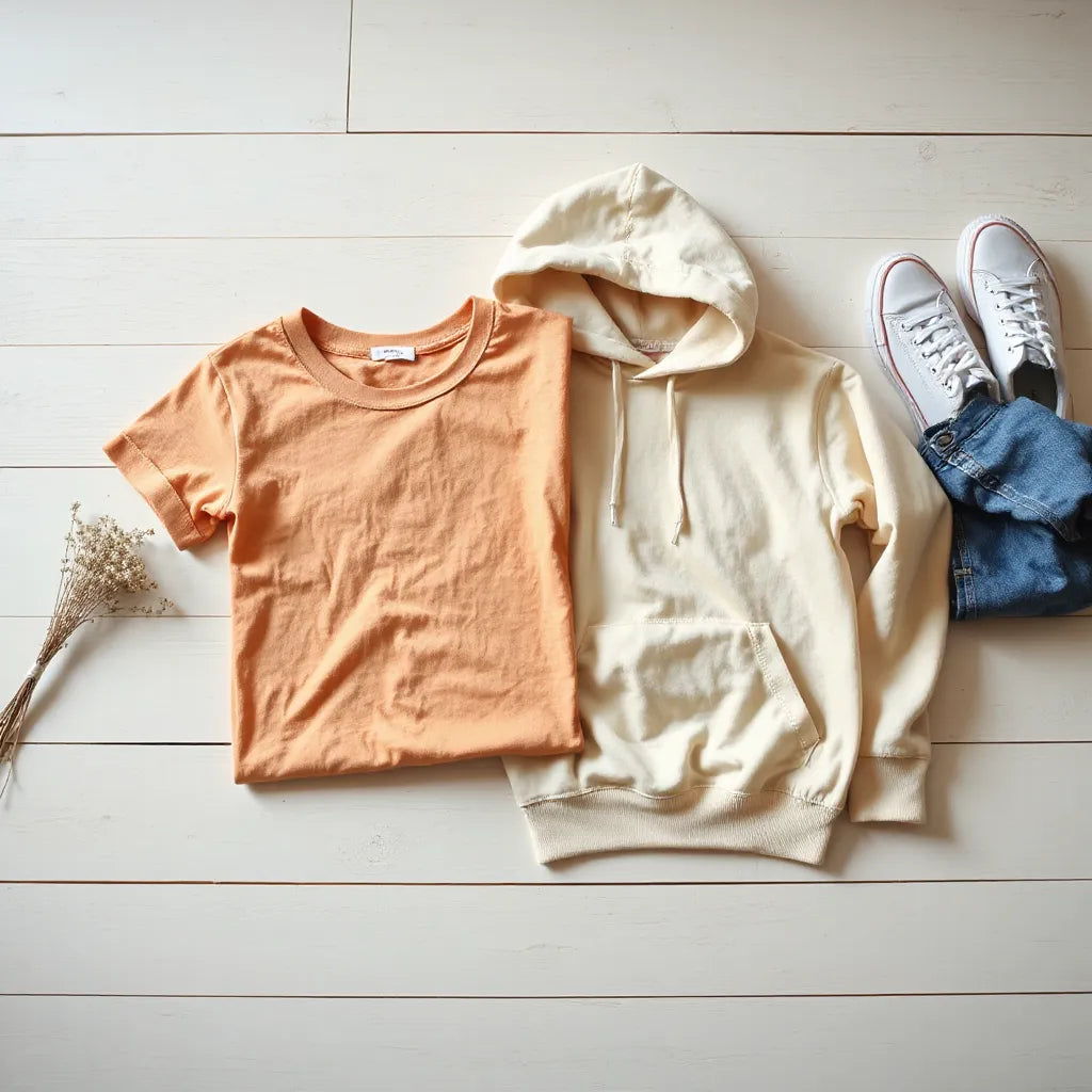 Folded cotton crew tee and hoodie with casual jeans and sneakers on a light wooden surface