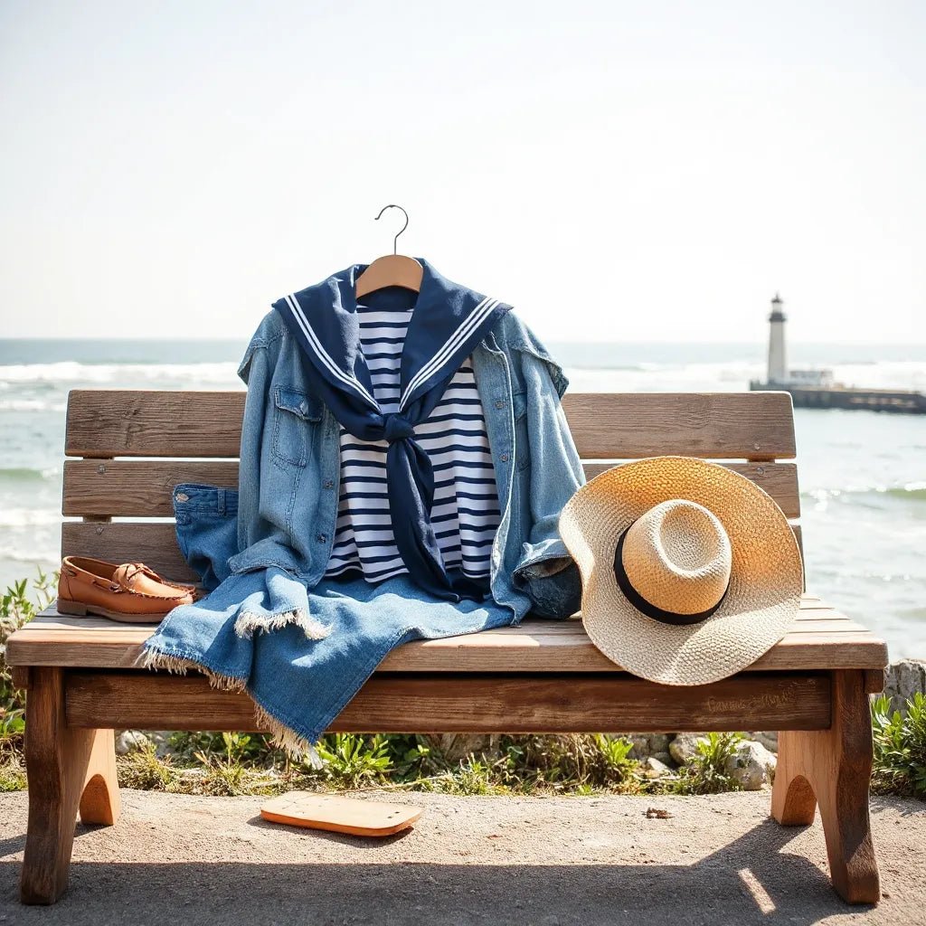 Navy and white sailor-inspired outfit laid out on a wooden bench by the coast