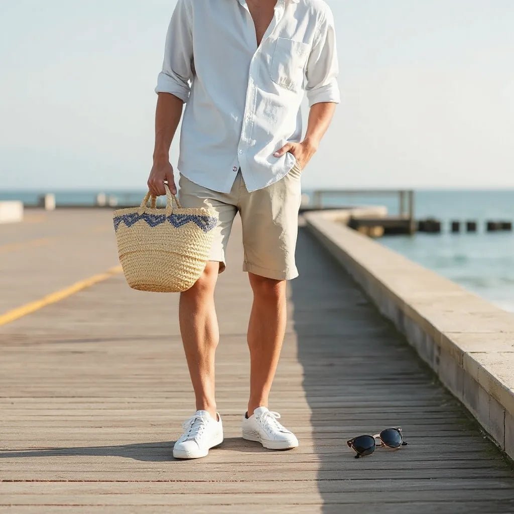 Casual beach outfit with linen shirt and shorts on a sunny seaside walkway