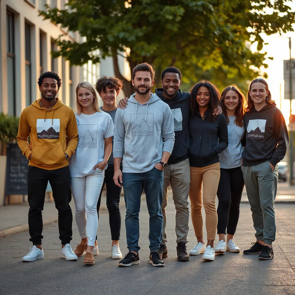 Diverse adults wearing unisex graphic tees and hoodies with minimal coastal-style line art