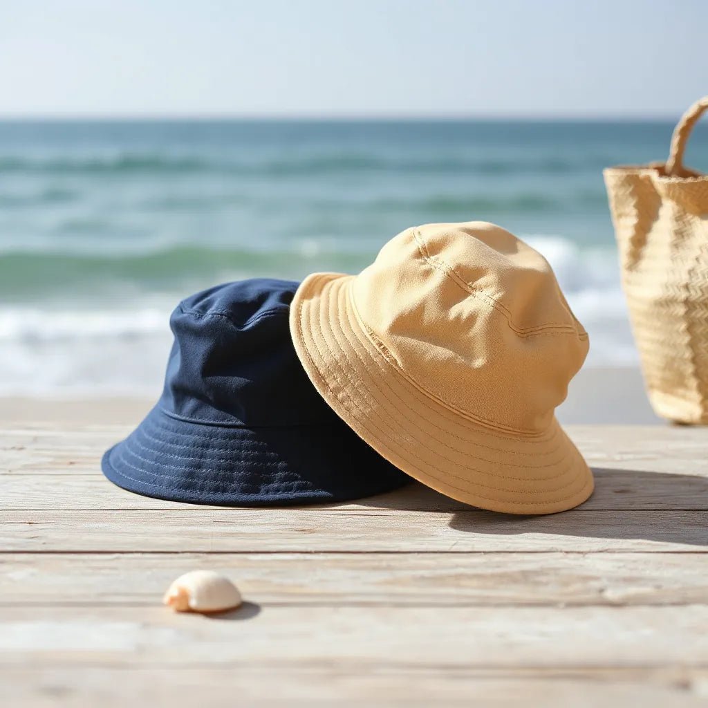 Two beach baseball bucket hats on a sunlit table with sand and soft ocean background