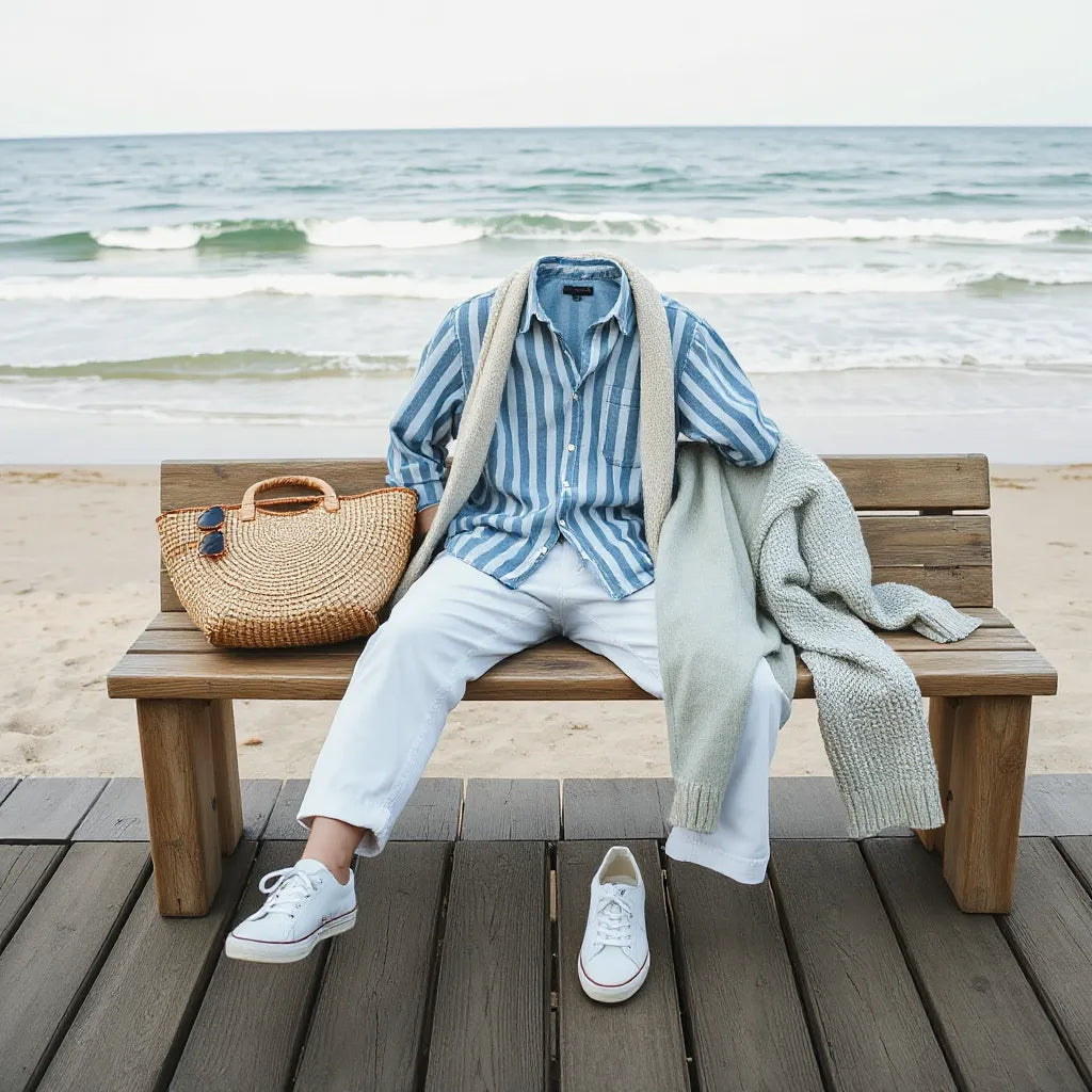 Casual seaside outfit with striped shirt and linen pants on a boardwalk by the ocean