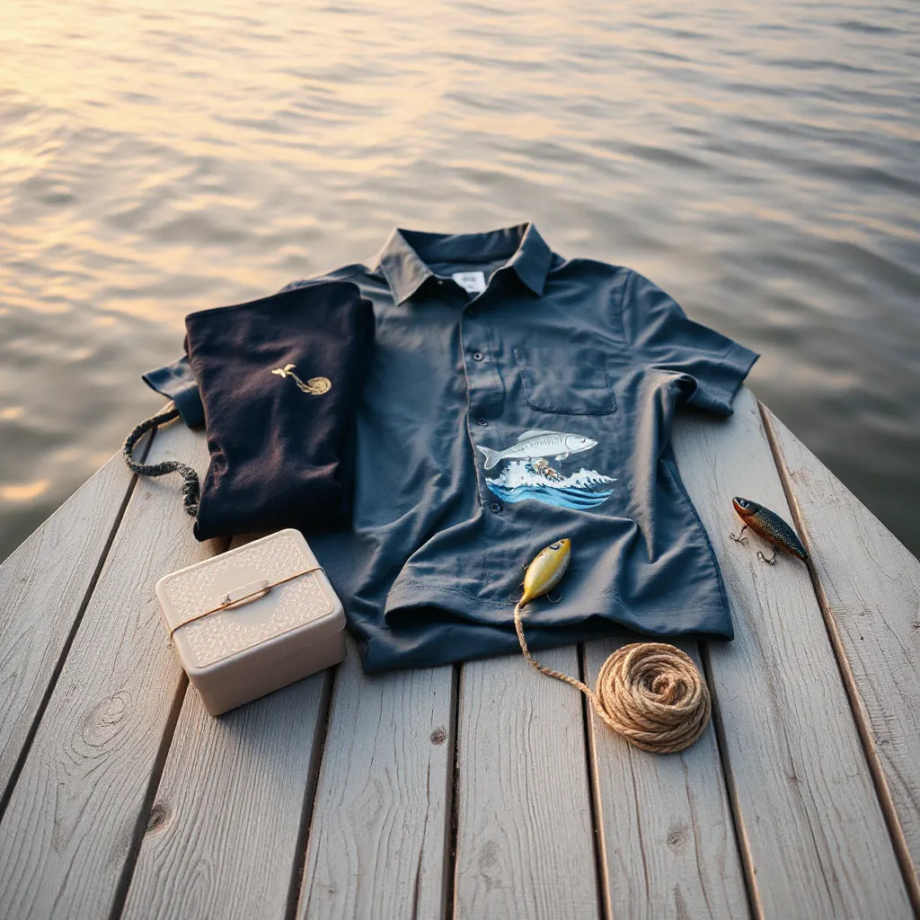 Fishing-themed shirts laid on a wooden dock with a tackle box and fishing gear nearby