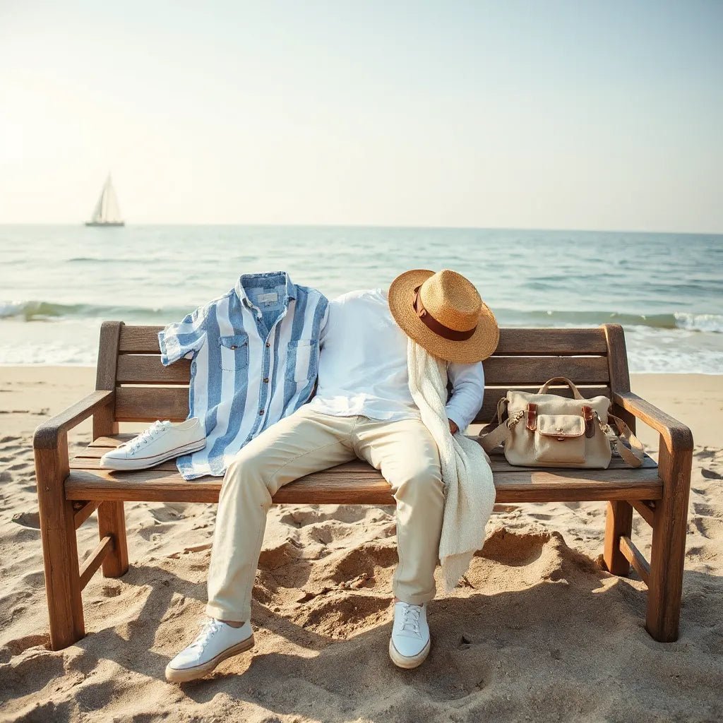 Sunlit beach outfit flat-lay with striped shirt, linen pants, hat, and casual shoes