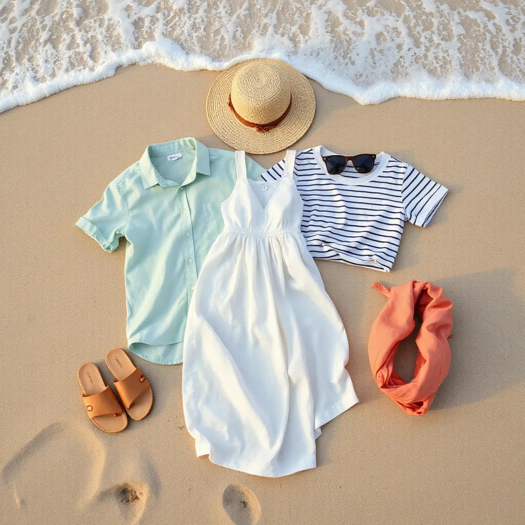 Summer beach outfits laid on sand with linen shirt, dress, shorts, straw tote, and sandals