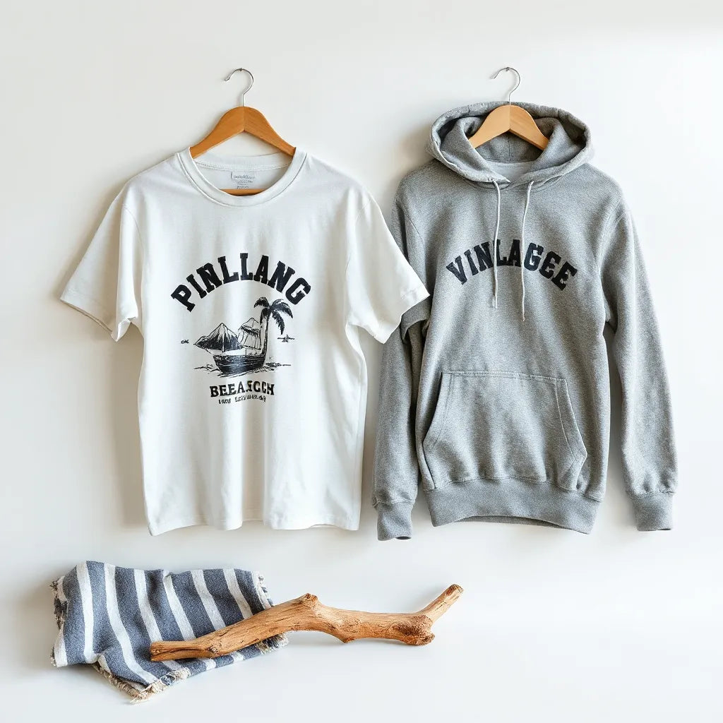 Vintage beach graphic shirt and hoodie displayed with neutral beach props and natural daylight